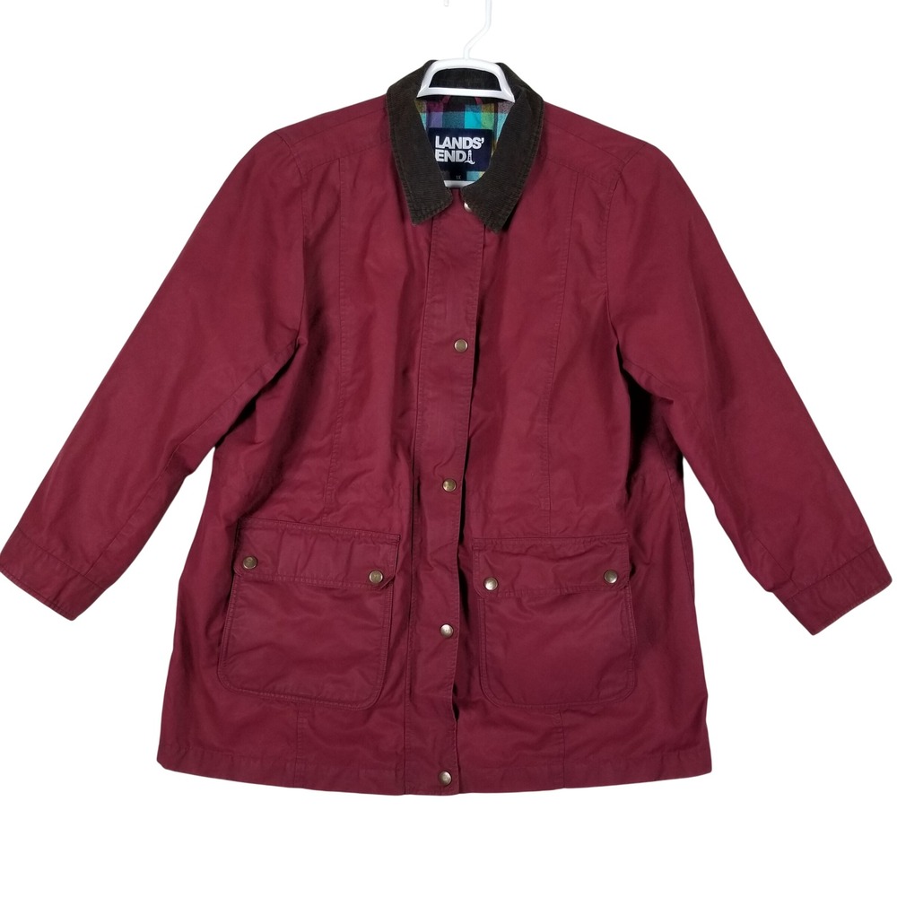 Lands' End Barn Jacket Women 1X Burgundy Plaid Lined Corduroy Trim Utility